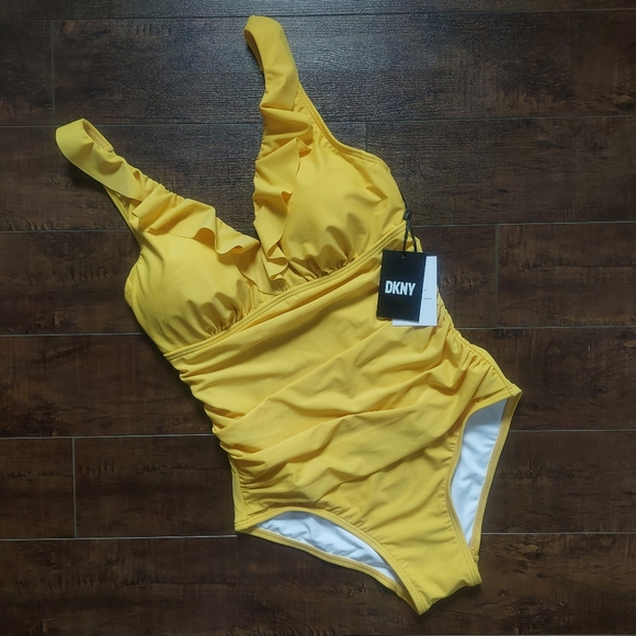 Dkny Other - DKNY Ruffle Plunge Tummy Control Swimsuit NWT Yellow Size 10